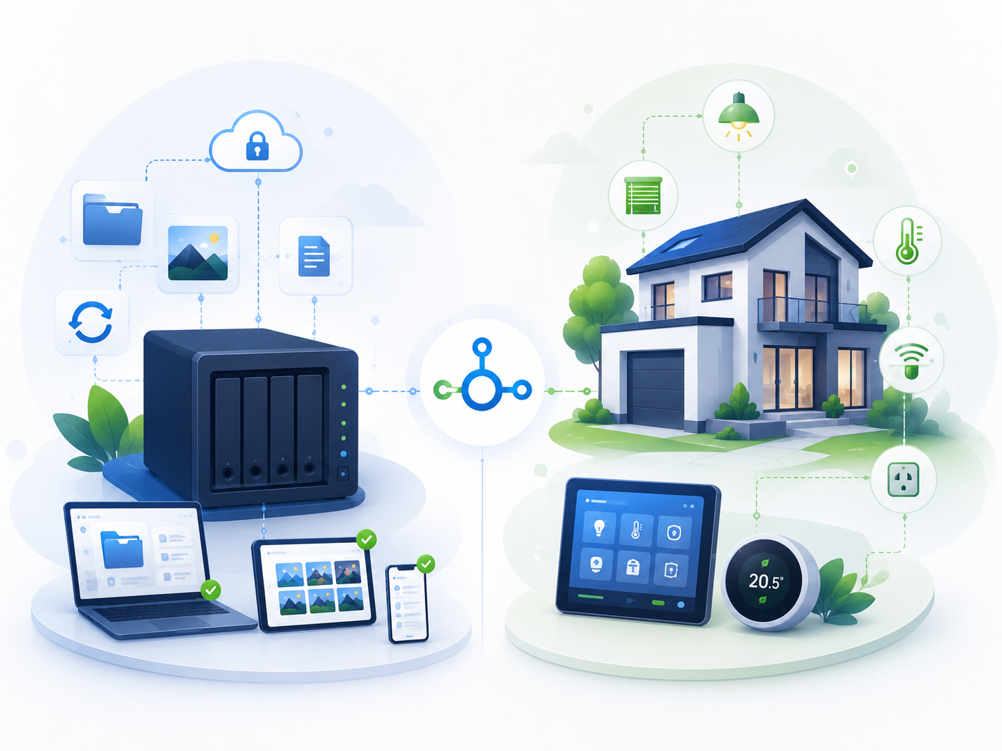 Illustration combinant NAS, sauvegarde cloud maîtrisée et maison connectée