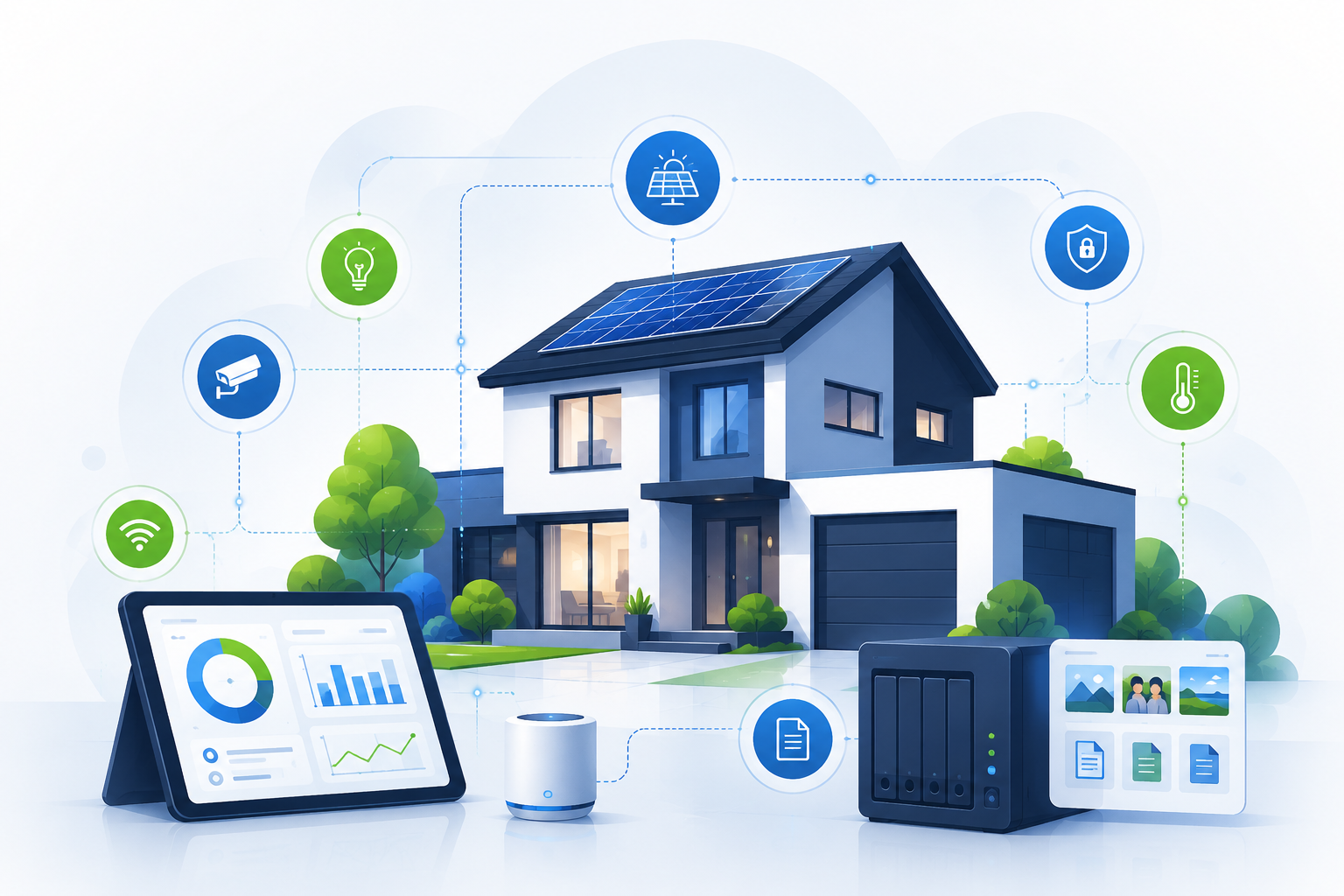 Maison connectée moderne avec tableau de bord, NAS local et objets connectés